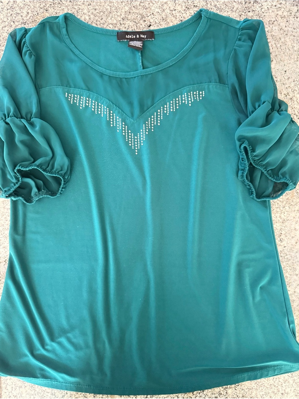Adele & May Emerald Green Puff-Sleeve Blouse with Rhinestone V Yoke